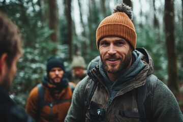 Fototapeta premium Friends sharing stories during an adventurous winter hike in a snow-covered forest
