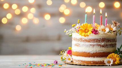 beautiful birthday cake with delicate flowers and colorful candles, perfect for celebrations. soft background adds warm, festive atmosphere