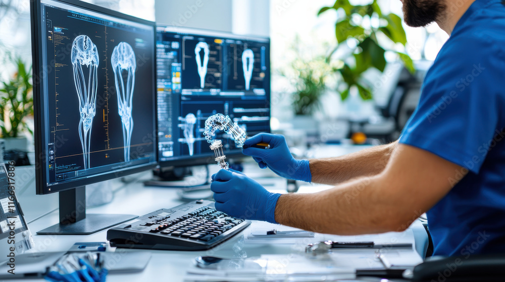 Fototapete biomedical engineer designing prosthetic limbs in modern workspace, analyzing data on multiple scree