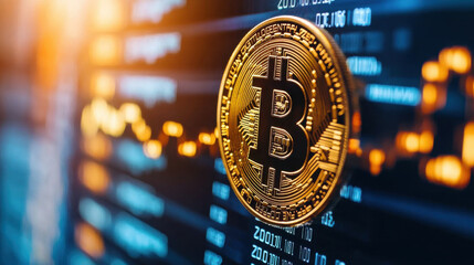 digital screen displaying real time cryptocurrency exchange data with prominent Bitcoin symbol. vibrant colors and dynamic graphs reflect market trends and fluctuations