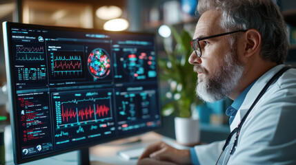 medical professional analyzing digital health dashboard with patient data, showcasing advanced analytics and visualizations for better healthcare decisions
