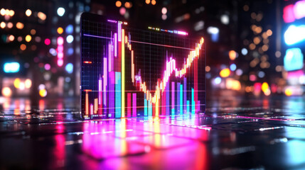 Fototapeta premium digital screen displaying big data analysis chart with vibrant colors and rising trend, set against blurred city background