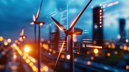 digital screen displays advanced analytics tools for wind energy, showcasing data visualization alongside wind turbines in urban setting. scene captures innovation and sustainability