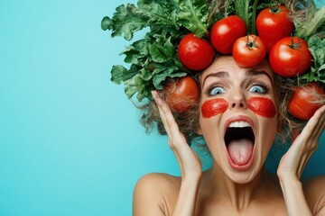 Creative celebration of fresh produce with vibrant hair made of vegetables and a joyful expression