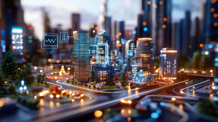 digital twin concept showcasing vibrant cityscape with illuminated buildings, advanced technology, and virtual elements. scene captures futuristic urban environment