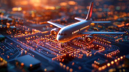 digital twin concept showcasing virtual airplane on circuit board, illuminated by city lights. This futuristic scene blends aviation and technology seamlessly