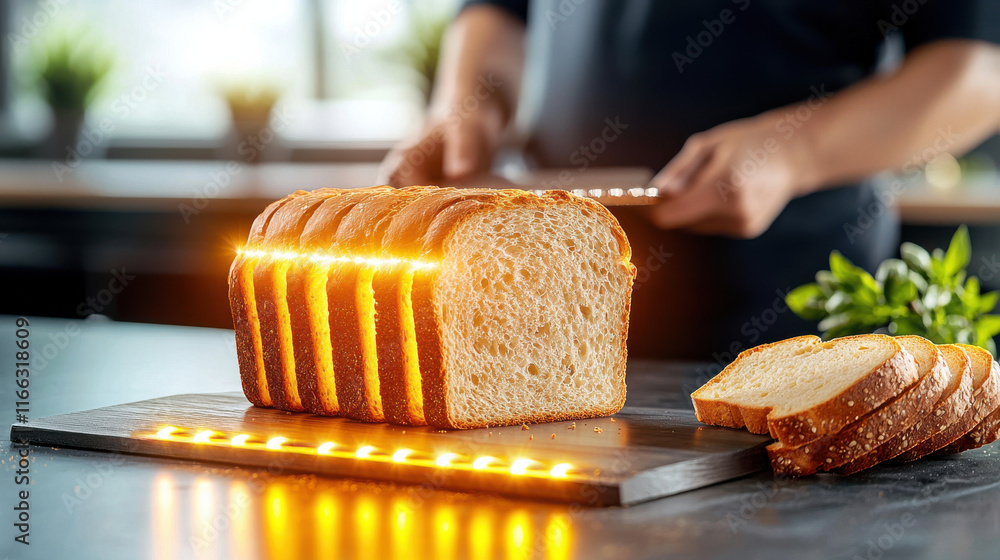 Poster freshly sliced bread on wooden cutting board, showcasing even cuts and warm glow. scene captures joy