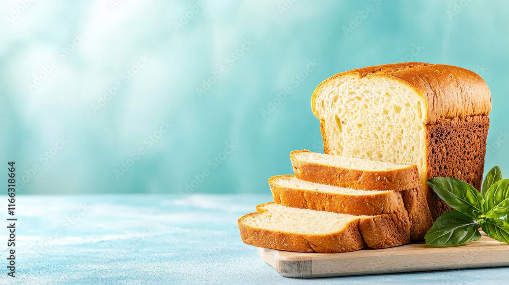 Aufkleber freshly sliced bread on wooden board, showcasing even cuts and soft texture. vibrant background enha