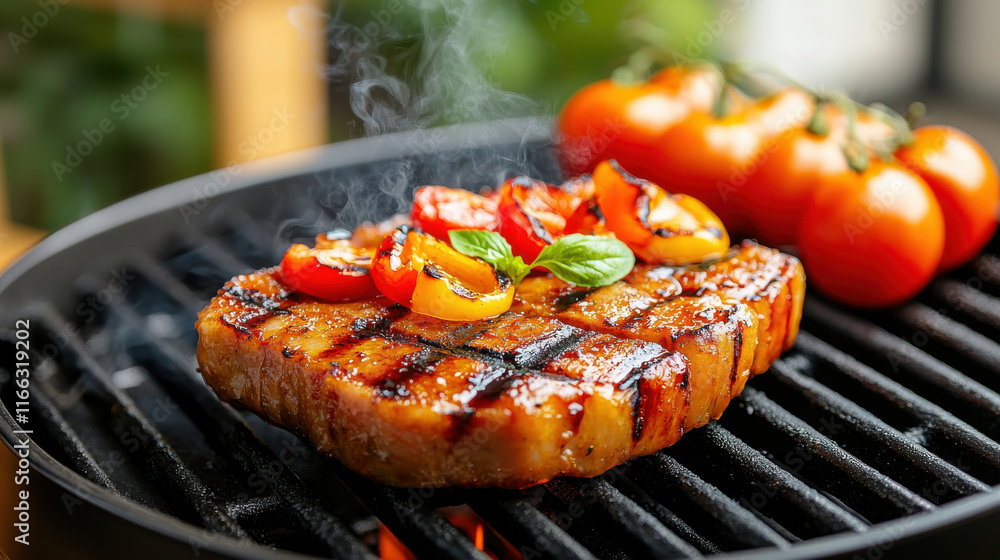 Poster sizzling plant based meat product on grill with colorful vegetables and tomatoes. vibrant colors and
