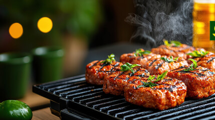 Sizzling plant based meat product on grill, showcasing delicious and innovative alternative to traditional meat. Perfect for healthy eating and grilling enthusiasts