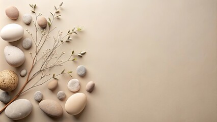 Fototapeta premium Serene arrangement of smooth stones and delicate branches on a neutral backdrop