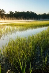 Obraz premium Serene rice field at sunrise with mist rising over calm waters.