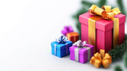 Fototapeta premium Colorful gift boxes with ribbons and greenery create festive atmosphere. Perfect for holiday celebrations, these presents add joy and excitement to any occasion