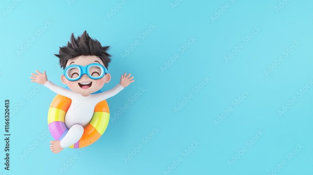 Poster a cheerful child in a colorful float, enjoying a pool day.