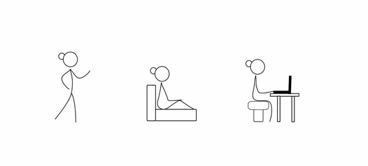 a set of girls in different poses, a woman standing, sitting, working on a laptop, isolated on a white background, a hand-drawn sketch,a sketch, a line