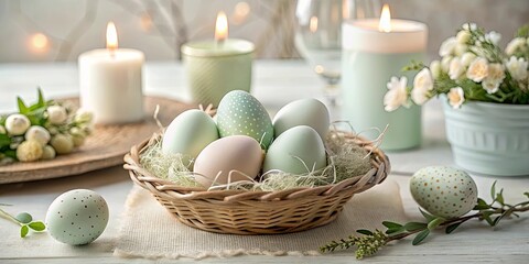 Pastel Easter eggs in a wicker basket with candles and flowers