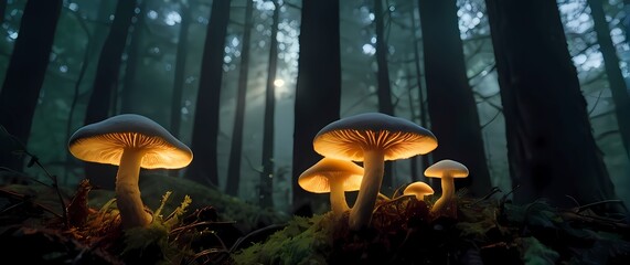 Fototapeta premium Close up images of fungi growing among trees showcasing diversity in forest ecology