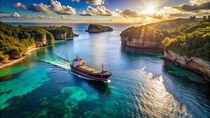 Obraz premium Serene Sunrise Cargo Ship Navigates Picturesque Coastal Inlet