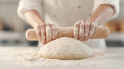 Obraz premium Close-up of skilled hands rolling fresh dough with wooden pin on floured surface, capturing the artisanal bread-making process with floating flour particles in soft lighting.