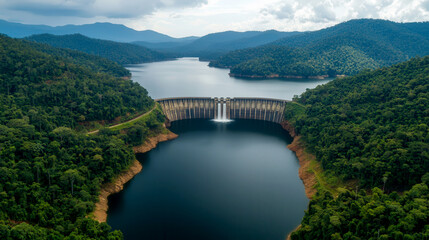 Scenic view of a dam surrounded by lush mountains