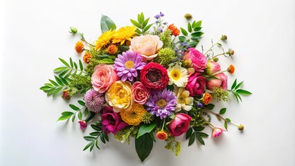 Vibrant floral arrangement showcasing a colorful bouquet of roses, gerbera daisies, and assorted blooms, artfully composed on a white background