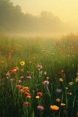 A serene field of colorful wildflowers shrouded in morning mist.