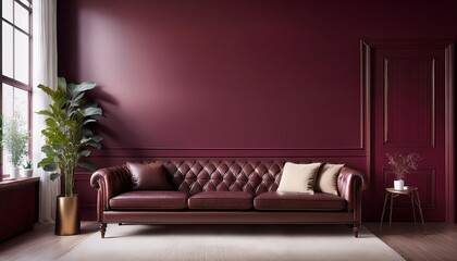 Empty Burgundy Wall Mockup in Traditional Interior with Sofa with Leather Upholstery. Natural Daylight From a Window. Promotion Background.