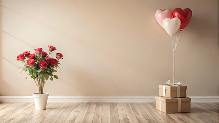 Romantic Room Setting with Roses, Balloons, and Gifts