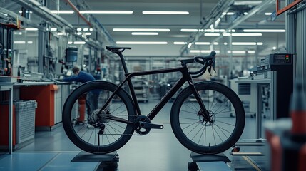 Obraz premium A sleek factory showcasing automated machinery assembling lightweight carbon fiber bicycle frames.