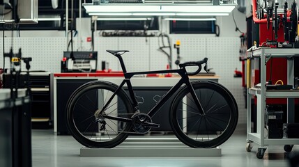 A sleek factory showcasing automated machinery assembling lightweight carbon fiber bicycle frames.