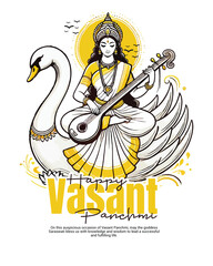 Happy Vasant Panchami with goddess Saraswati social media post template banner

