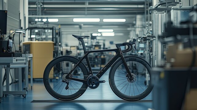 A sleek factory showcasing automated machinery assembling lightweight carbon fiber bicycle frames.