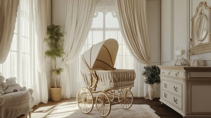 A serene nursery featuring a vintage baby carriage in a softly lit room.