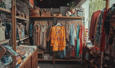 Naklejka premium A cozy boutique showcasing colorful clothing and accessories.