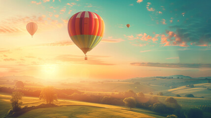 Obraz premium Majestic Hot Air Balloons at Sunrise Over Countryside Landscape - Perfect for Travel Inspiration and Adventure Enthusiasts