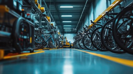 An aesthetic view of a bicycle factory testing area, with completed bikes undergoing performance and durability checks.