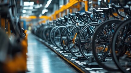An aesthetic view of a bicycle factory testing area, with completed bikes undergoing performance and durability checks.