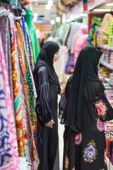 Fototapeta premium Women Shopping for Traditional Clothing in Colorful Market Stalls