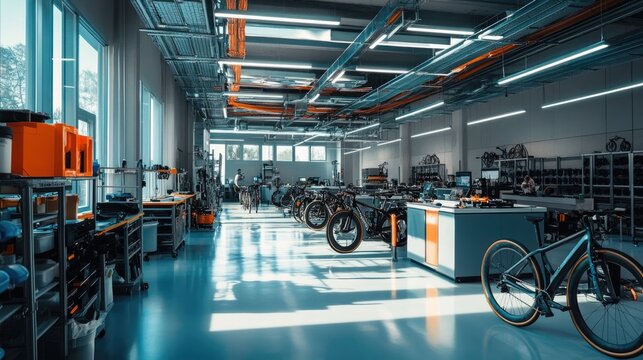An aesthetic view of a bicycle factory testing area, with completed bikes undergoing performance and durability checks.