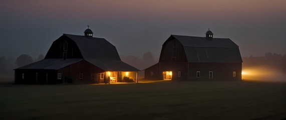 Charming rustic barns glowing under twilight enhancing rural warmth immersively