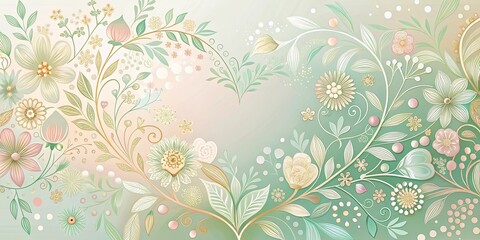 Heart-Shaped Floral Design in Pastel Greens and Golds, Featuring Intricate Line Art and Delicate Blooms