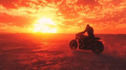 Metal Warrior: Ride to Freedom - 3D Render Heavy Metal Band Style Artwork of a Fiery Sunset Motorcycle Warrior in Barren Desert Landscape