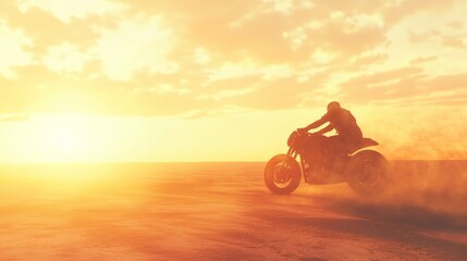 Fototapeta premium Rebel Rider: Fiery Sunset Warrior on Motorcycle - Heavy Metal Band Art in Barren Desert