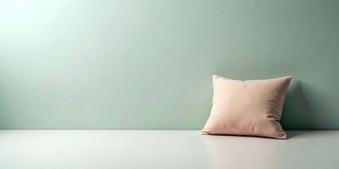 A single, light peach-colored cushion rests on a pristine white surface against a tranquil sage green wall.