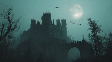 Mystical Enchantment: Haunting Castle with Bats and Moon in Heavy Metal Style 3D Artwork