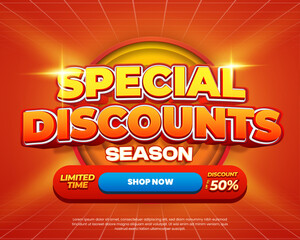 Special Shopping season day Sale discount deals vibrant mix orange red gradient Editable text effect circle center sun rays horizontal banner