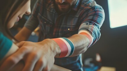 Man comforts woman wearing a tricolor armband