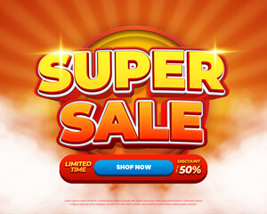 Super Shopping day Sale discount deals vibrant mix orange red gradient Editable text effect circle center sun rays horizontal banner