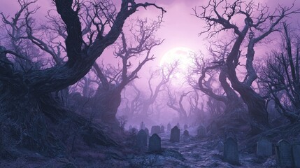 Eerie Metal Band Album Cover: Moonlit Haunting Graveyard with Twisted Trees and Fog - Ultra-Detailed 3D Render Digital Artwork