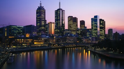 Obraz premium Majestic Cityscape of Melbourne at Twilight with Reflective River